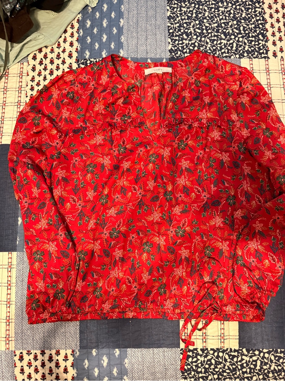 LOFT Red Floral Drawstring Hem Blouse